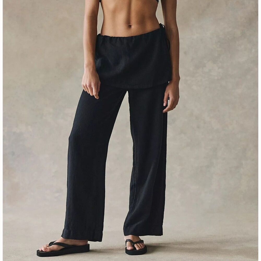 Free People Free Est Aqualuna Linen Skants Low-Rise Pull-On Soild Black M 290995